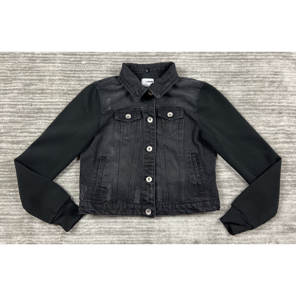 Cisono Denim Jacket Womens Medium Black‎ DJK19C Mixed Media Distressed Trucker